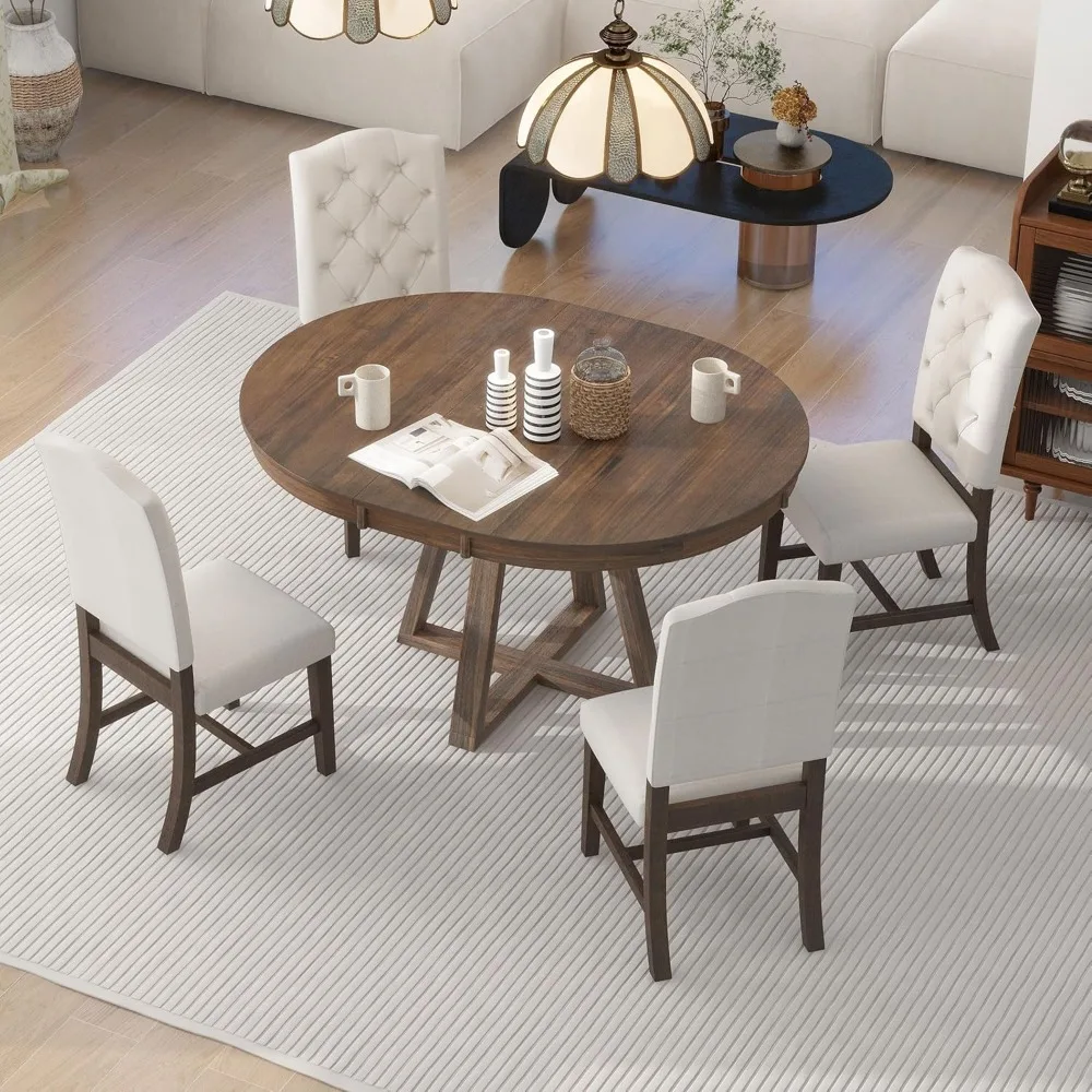 5 Piece Dining Room Set, Extendable Round Table with Upholstered Chairs for Small Space of 4, Wood Dining Room Set