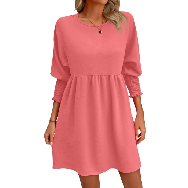 Ladies Spring/Autumn Solid Sweet Loose Round Neck Dress Holiday Street Style Slim Dress Autumn Casual Women's Long Sleeve Dress