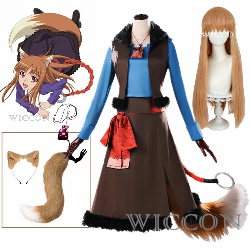 

Аниме Horo Spice and Wolf Holo Косплей Костюм Парик Платье Юбка Униформа Головные уборы Уши Хвост Хэллоуин Вечеринка Женщины Девушки Реквизит