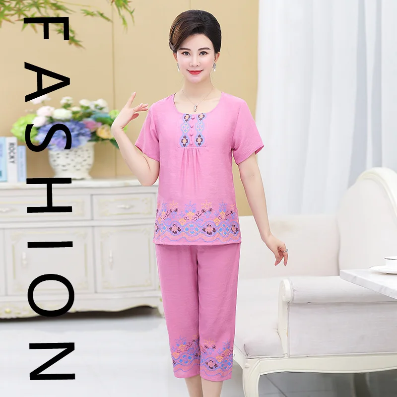 

Middle-aged and elderly women's clothing summer cotton and linen thin short-sleeved suit spring and autumn mother pajamas women'