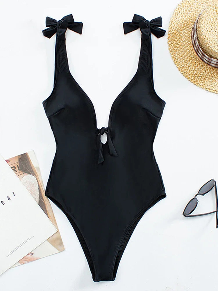 Black Tie Shoulder Swimsuit Women Vintage One-piece Halter Bathing Suits Sexy Knotted Swimwear Summer Beachwear Maillot De Bain