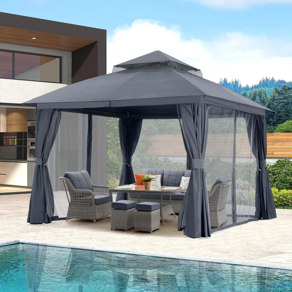 

11'x11' Outdoor Patio Arch Gazebo with Double Roofs, Mosquito Nettings and Privacy Screens for Backyard, Garden, Lawn, Dark Gre