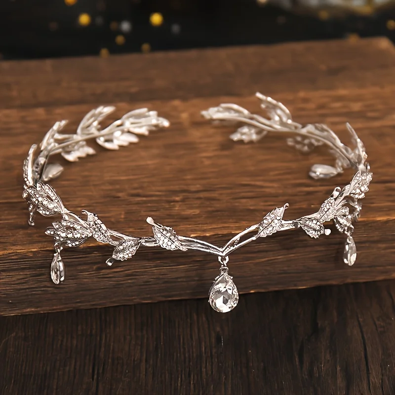 Vintage Crystal Rhinestone Waterdrop Leaf Tiara Crown Headband Wedding Hair Accessories Frontlet Bridesmaid Bridal Hair Jewelry