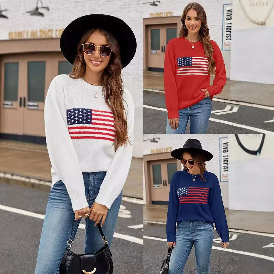 

Autumn Winter New Sweater American Flag Knitwear Pullover for Women Easter Independence Day Theme Fashionable Casual Top