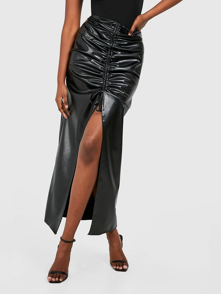 Elegant Matte Faux Leather Pleated Skirt Women Vintage High Waist Stretch PU Midi Skirt High Split Party Long Skirt Clubwear