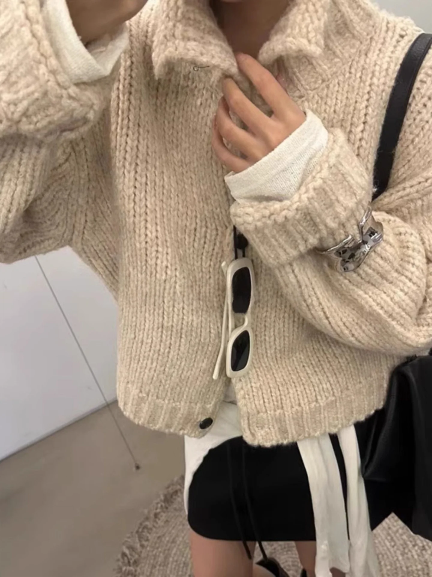 

ROUJE KEFSS Women's High Collar Knitted Cardigan ort Casual Sle Autumn Winter Soft Cozy Sweater Jaet for Small Stature