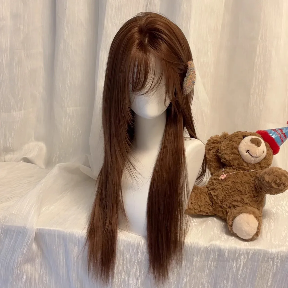 Synthetic Long Straight Wig Natural Look Sweet Bean Style Daily Wear Baby Bangs Cosplay Party Heat Resistant Fiber Hair
