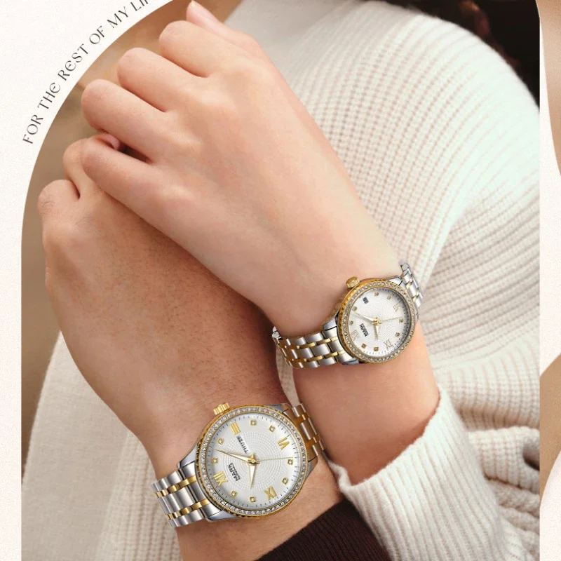 مارك Fairwhale 5850 ساعة كوارتز رجالية فاخرة مقاوم للماء زوجين طبعة مزدوجة التقويم الماس مجموعة تصميم زوجين ساعة Reloj