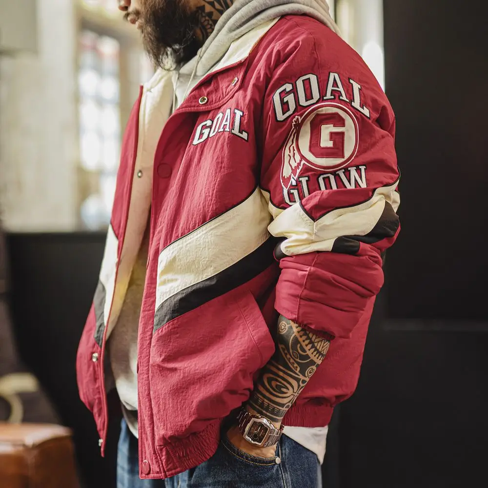 

Maden Vintage Warm Racing Jacket Color Blocking Lapel Collar Padded Coat Embroidered Badges Oversize Jackets for Autumn Winter