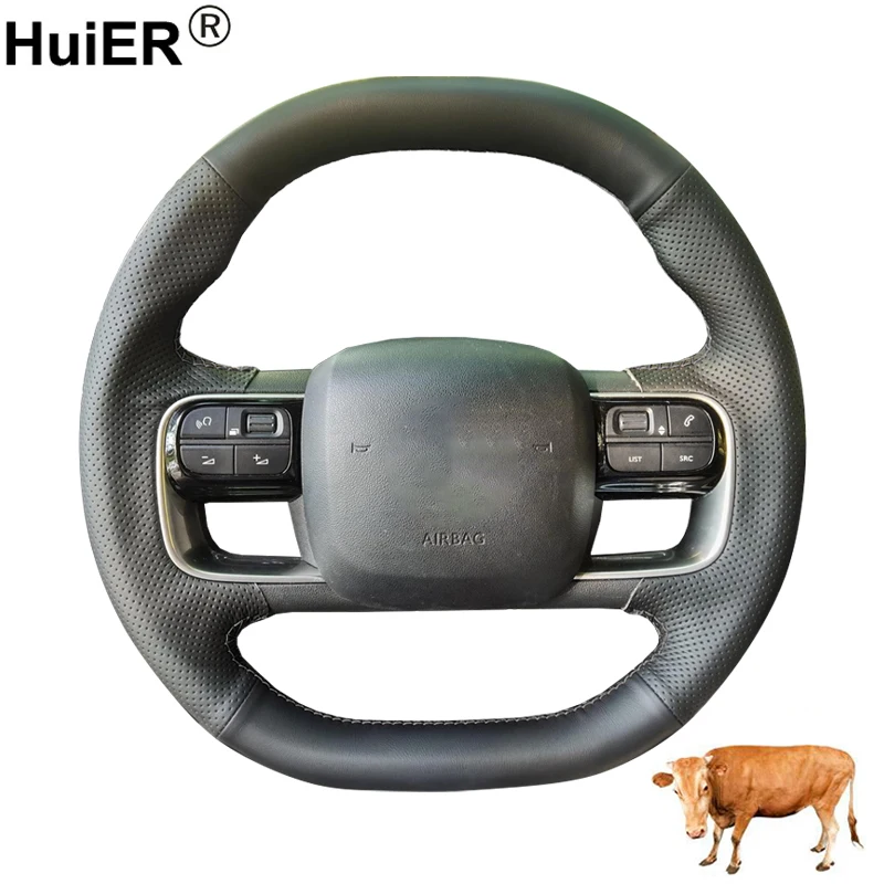 Cow True Leather Hand Sewing Car Steering Wheel Cover For Citroen C5 Aircross 2022 2023 2024 Braid on Steering-wheel Wrap