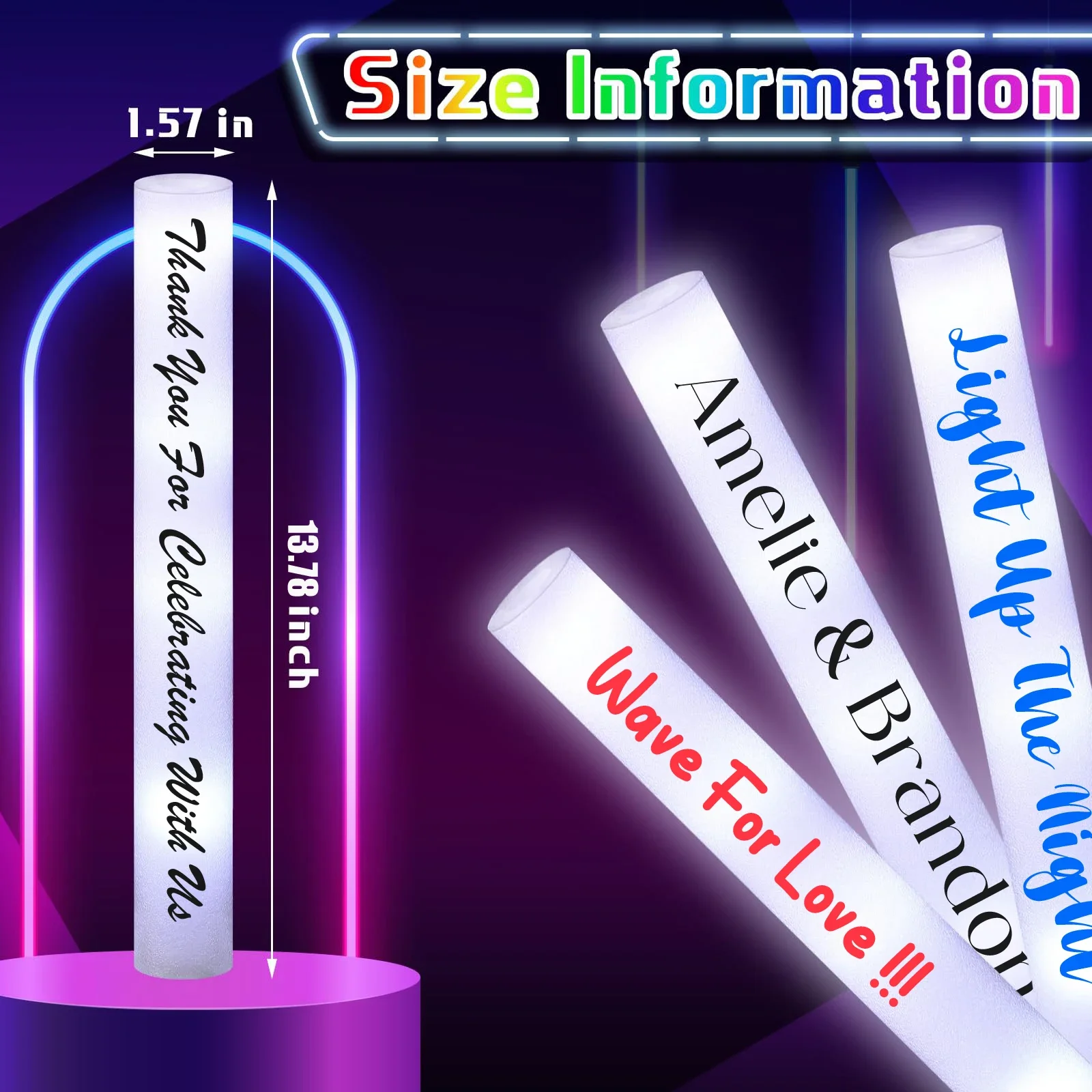 50-400PCS Customizable LED Foam Sticks with 3 Flash Mode LED Glow Sticks Bulk Foam Light Up Sticks for Wedding Birthday Concert