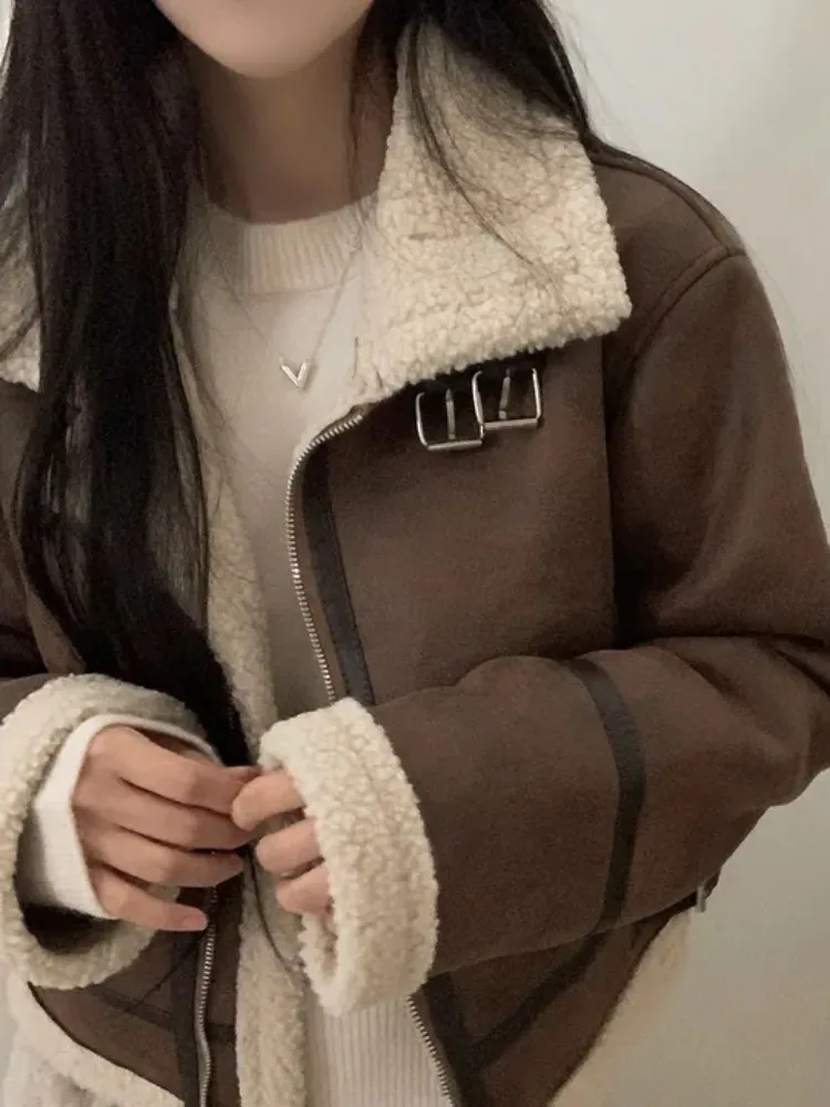 Retro inverno quente pele couro camurça zíper solto feminino motociclista jaet casual outerwear chique thiened poliéster longo sve