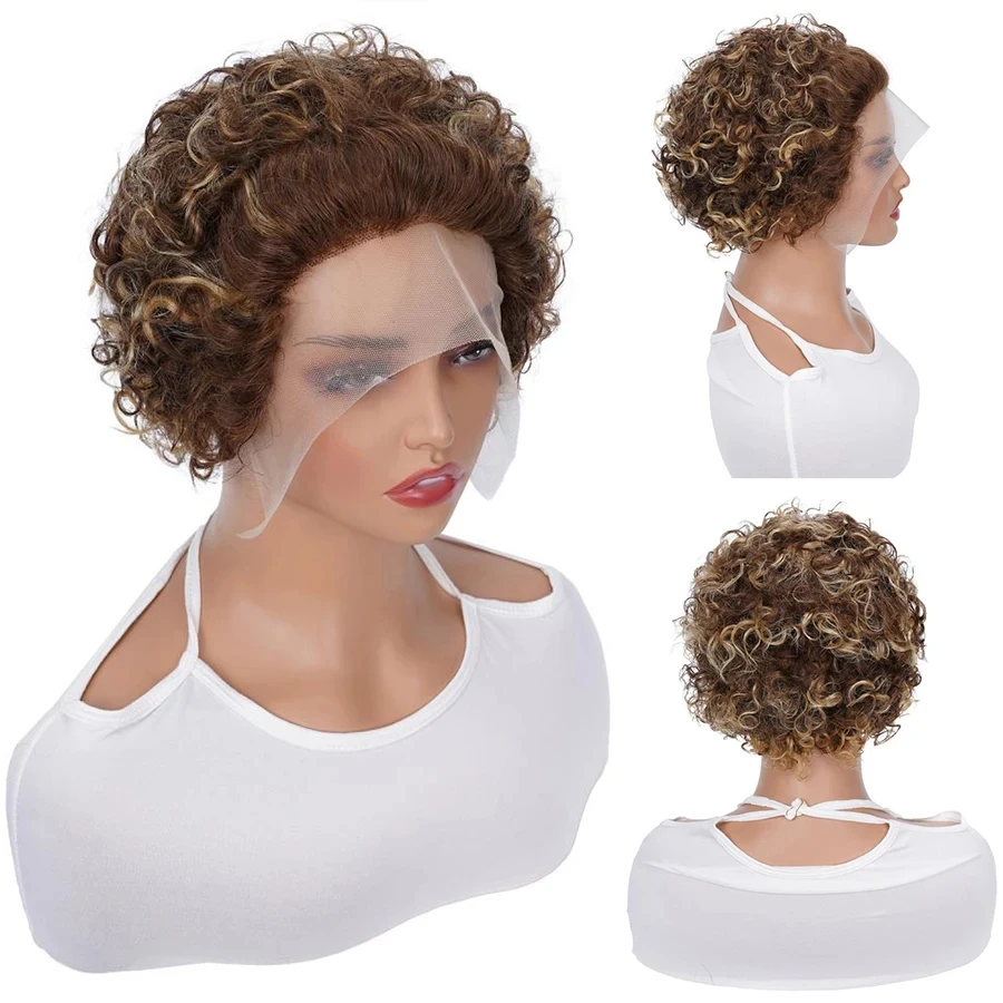13X1 Pixie Cut Short Curly Human Hair Wigs Water Wave Wigs For Women Human Hair Wigs 1B/99J 1B/27 99J P4/27 Natural Color
