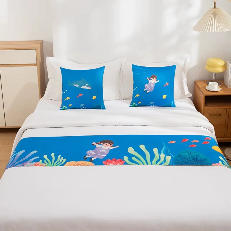 Hotel Bed Runner Cartoon Printing Decorative Linen Bed Tail Towel for Five-star Hotel Home Bed Decoration Bed Cover