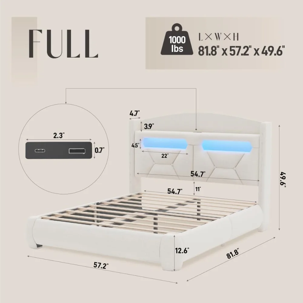 Boucle Bed Frame with Storage Headboard, LED Bed Frames with Type-C USB Charging Station, Upholstered Modern Platform Bed Frame