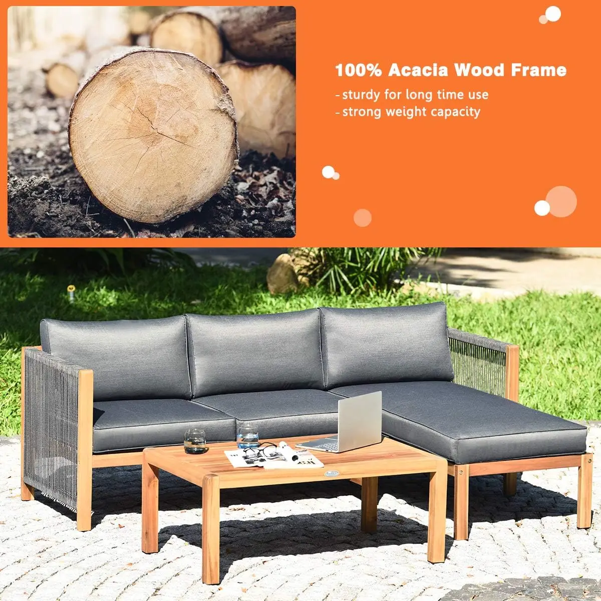 L Forma Outdoor Furniture Set, 3-Piece Acacia Wood, Pátio Conversa Set, 2 cadeiras e mesa de café, Jardim Quintal