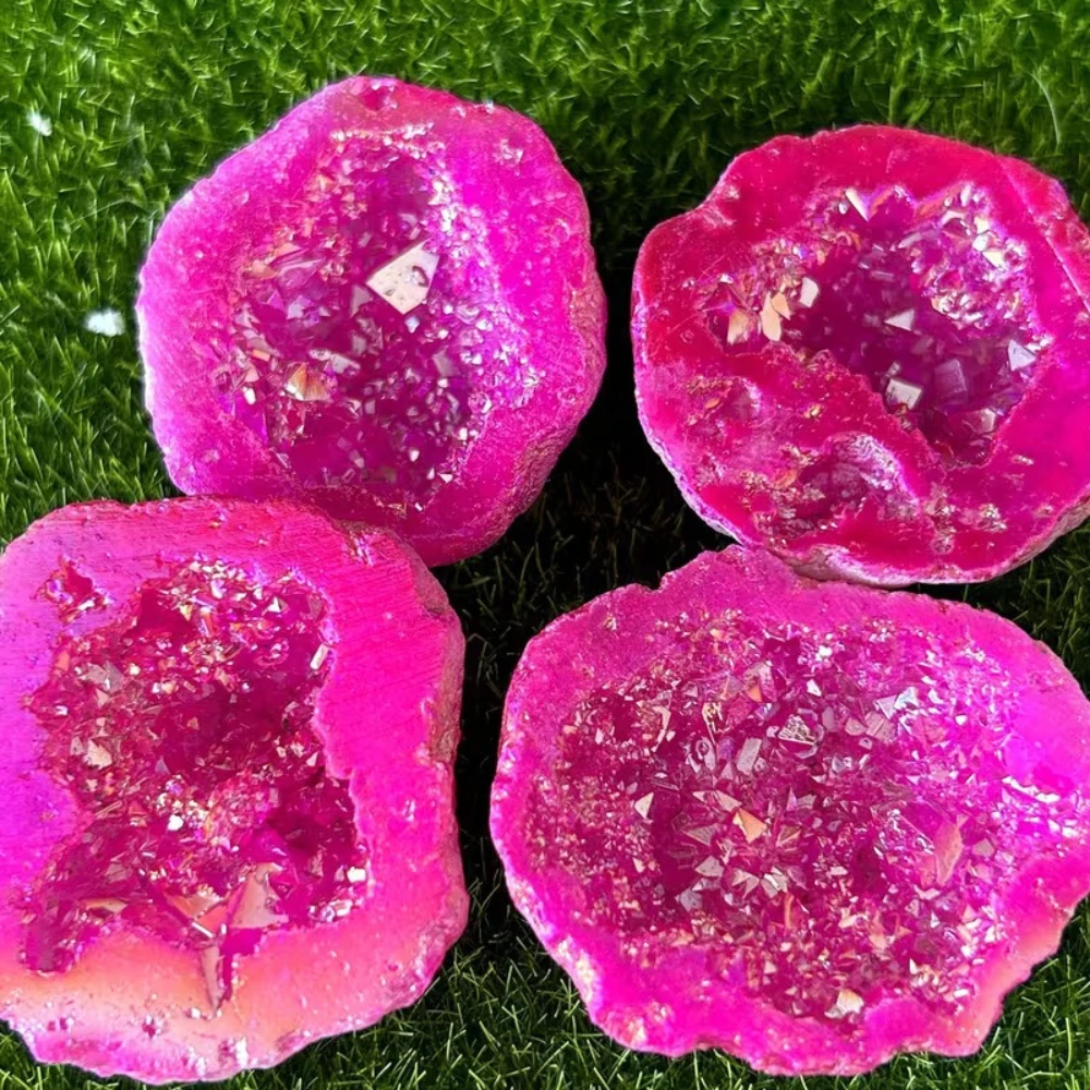 Natural Crystal Agate Geode Pink Electroplating Color Irregular Cluster Healing Crystals Specimen Collection Home Decor Ornament