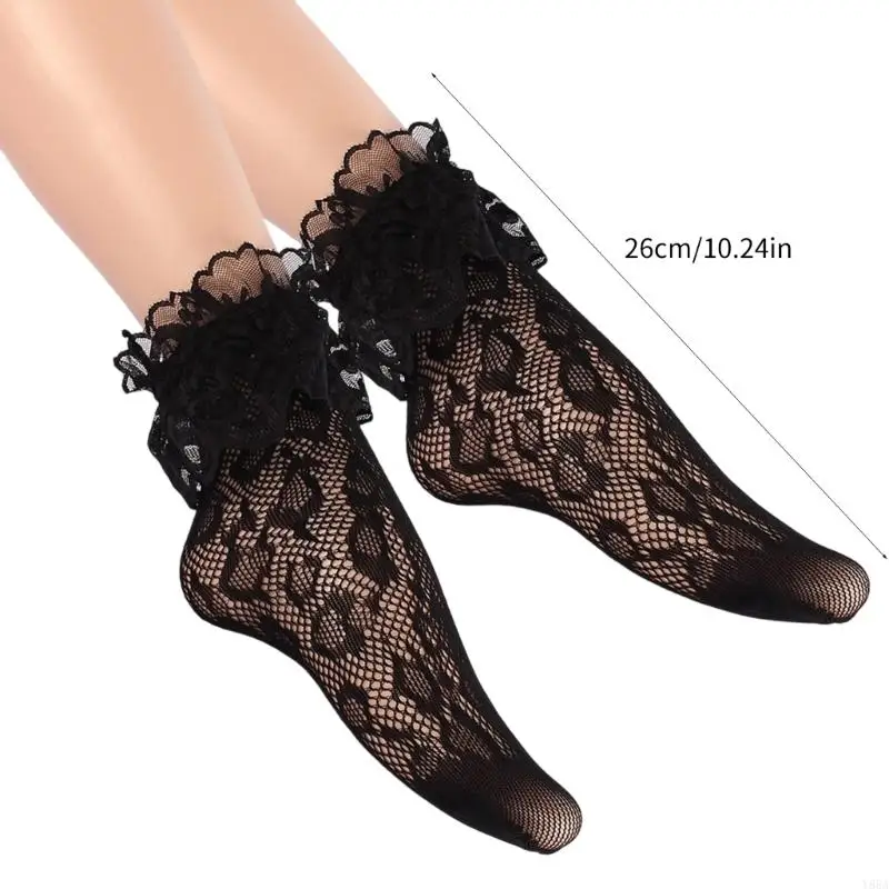 Y88A Womens Black Match Sochkle Robffle Frilly Lace Mesh Robe chaussettes