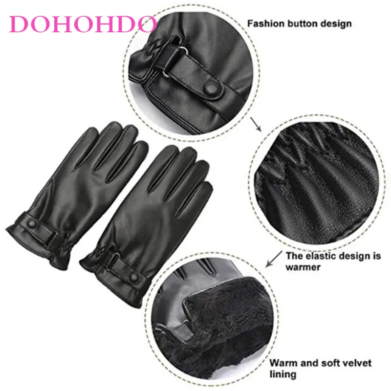 قفازات جلدية سوداء تعمل باللمس للرجال في الخريف والشتاء بالإضافة إلى قفازات ركوب الدراجات النارية من الجلد المقلد المخملي #3