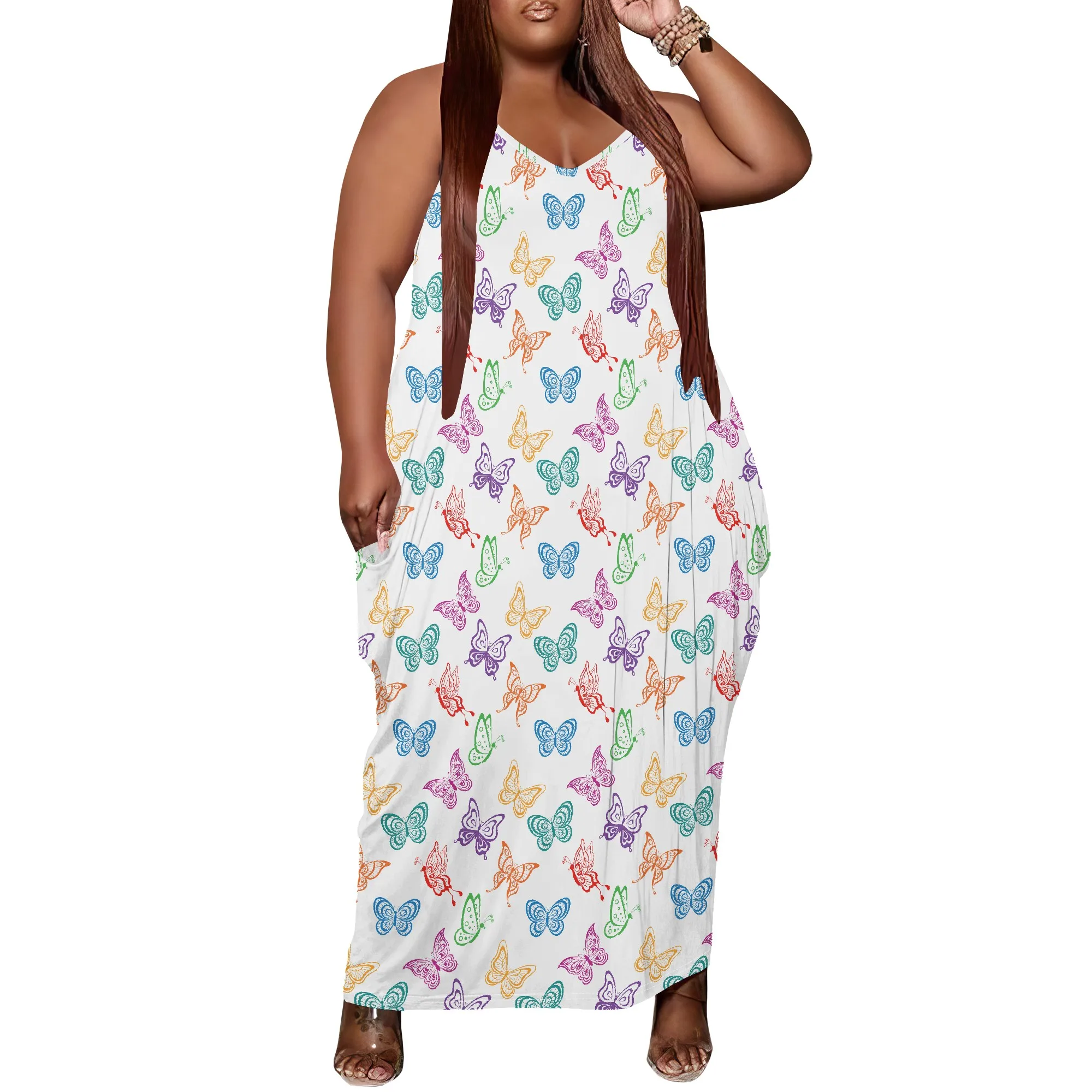 

Women's Plus Size Dress Loose Halter Maxi Dress with Pocket Breathable Elegant Butterfly Print XL-6XL​