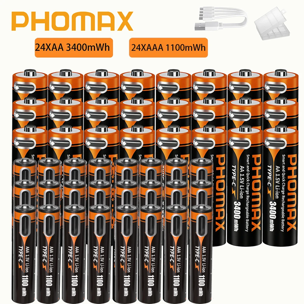 PHOMAX Li-Ionen AAA und AA Wiederaufladbare Batterien USB Lithium-Ionen 3400mWh 1,5V AA Wiederaufladbare Batterien & 1100mWh 1,5V AAA Batterie