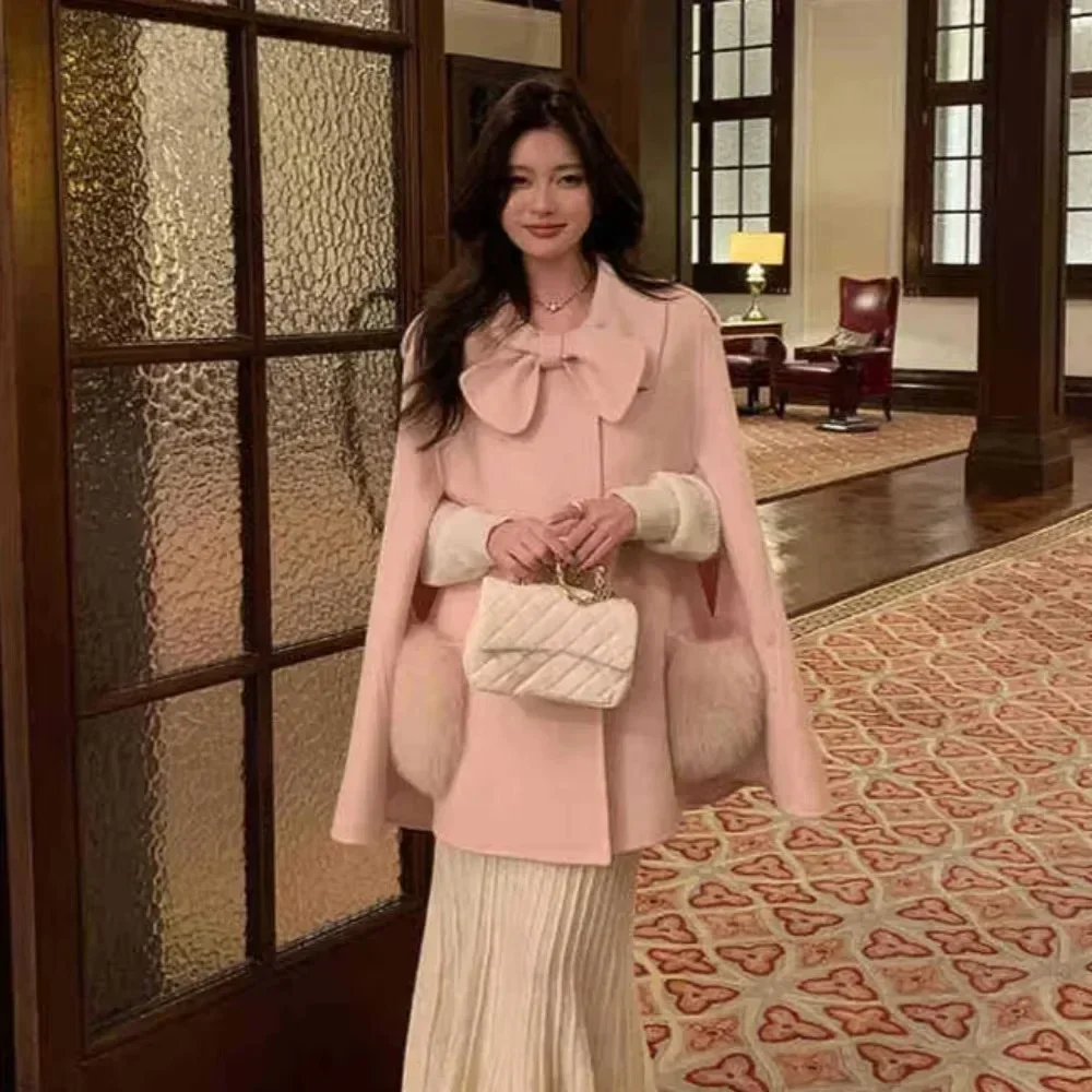 女性用両面カシミヤジャケット,キツネの毛皮のコート,ウールのショール,ハイエンドのマント,娘,新しいスタイル,秋,冬,2022