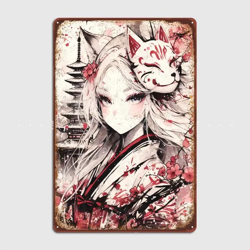 Anime Miko With Fox Mask Wall Decoration Custom Metal Signs Retro Tin Sign Decorating for Pub Club Garage Game Room House Decor