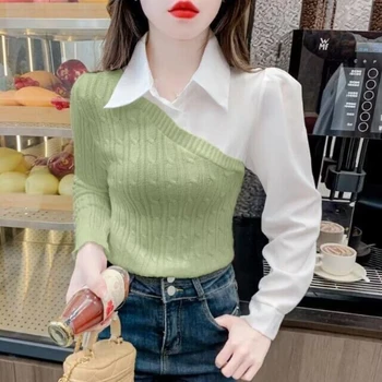폴로 칼라 패치워크 셔츠, 여성 의류 패치워크 풀오버, 페이크 투피스 Y2K 뜨게 블라우스, 용수철 가을 신상 패션