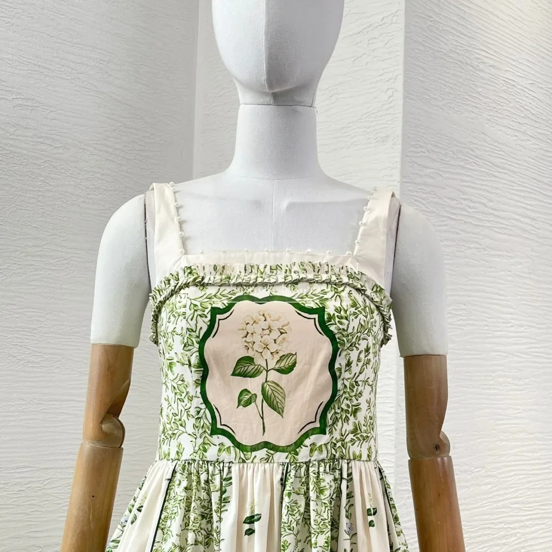 2025 Nuevo vestido midi plisado sin mangas con estampado de rosas verdes y flores delicadas