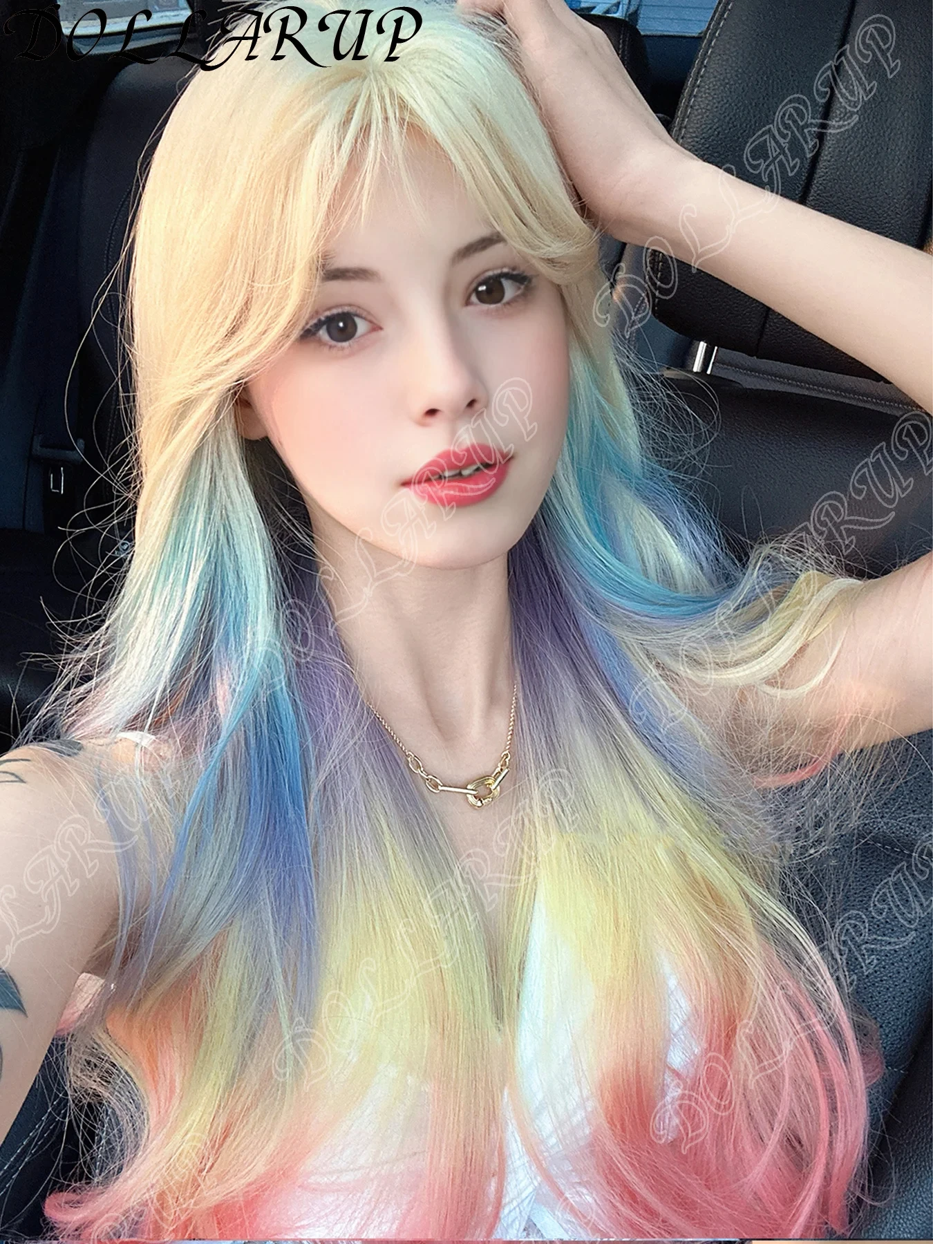 JKL الاصطناعية النساء لوليتا متموج مجعد الحليب الأبيض التدرج البنفسجي اللون طويل مجعد خصلات الشعر المستعار مع الانفجارات شعر مستعار تأثيري #6