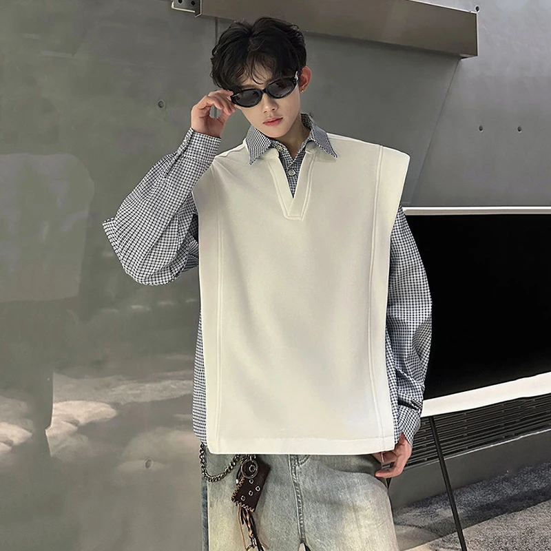 Fake Two-piece Men's T-shirts Turn-down Collar Plaid Patchwork Contrast Color Tees Long Sleeved Pullover Male Tops DC4E