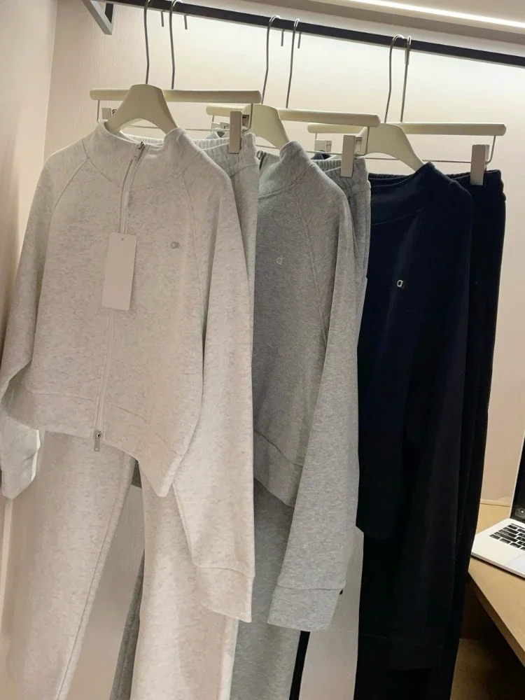 موضة فضفاضة مستقيم بنطلون امرأة الخريف الوقوف طوق عادية جاكيت زيبرا دعوى بلوزات Sweatpants 2 قطعة مجموعة ل