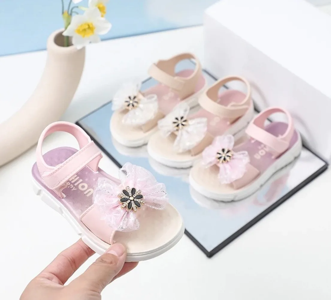 

Girls Sandals Kids 2026 Summer PU Leather Soft Toe Summer Girls Sandals Kids Non-Slip Bow Princess Flat Beach Shoes