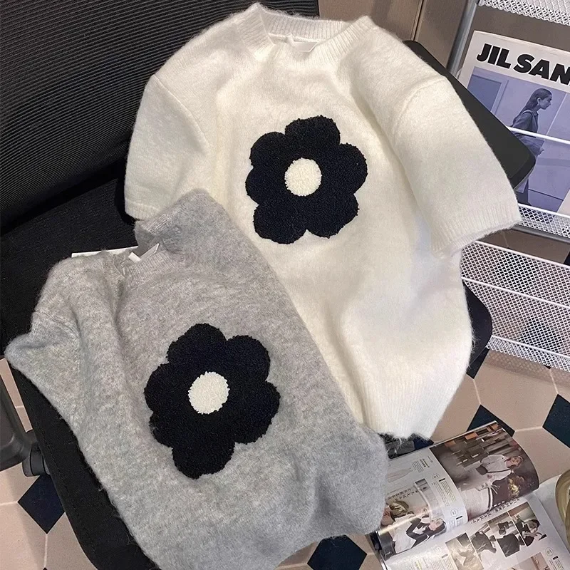 Pulôveres de manga curta femininos de malha floral suéteres verão solto novo nicho temperamento ol aconchegante moda ulzzang all-match topos