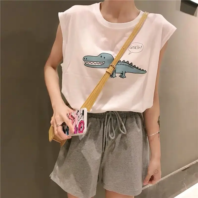 

Loose Youth All-match Korean Tanks Summer New Solid Color Sleeveless Printing Casual T Shirt Tops Fashion Sweet Women Clothing