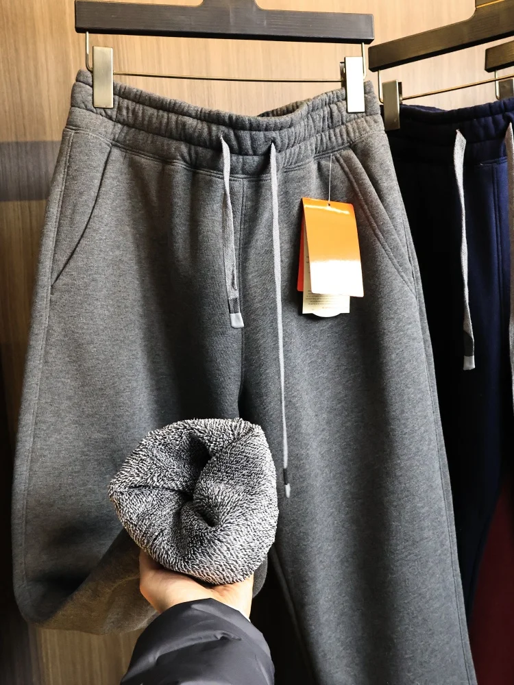 

Thiened One-Piece Fce Men's Basic Straight Leg Casual Pants Autumn Winter Warm Faionable Ci Sle Cotton Blend