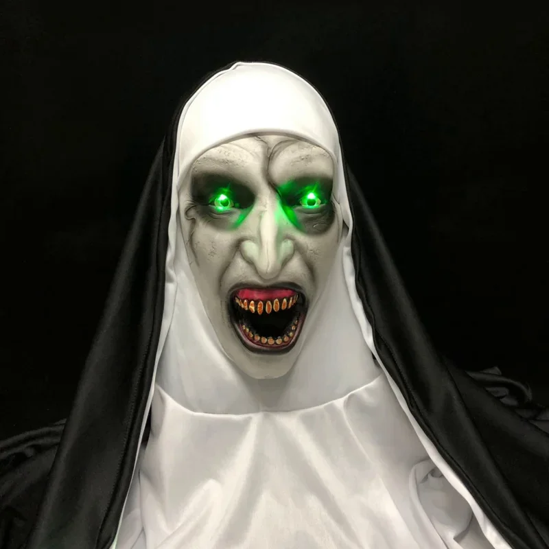 Máscara LED de terror de monja, máscaras de látex aterradoras para Cosplay con pañuelo para la cabeza, accesorios de fiesta de Halloween con luz Led de lujo