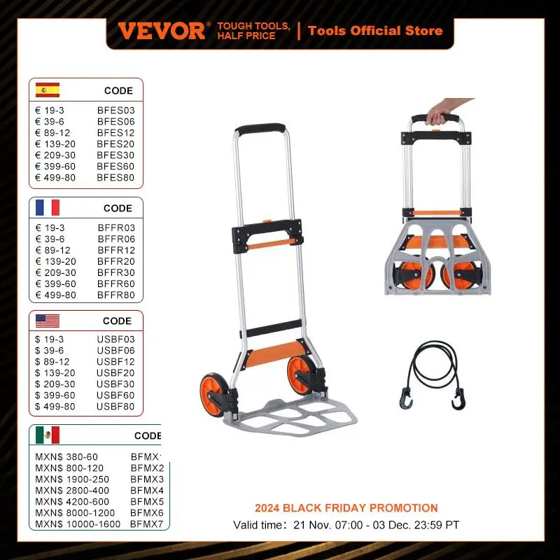 VEVOR 176/275/309 lbs Folding Hand Truck Portable Cart Dolly with Telescoping Handle and Binding Rope for Moving Warehouse