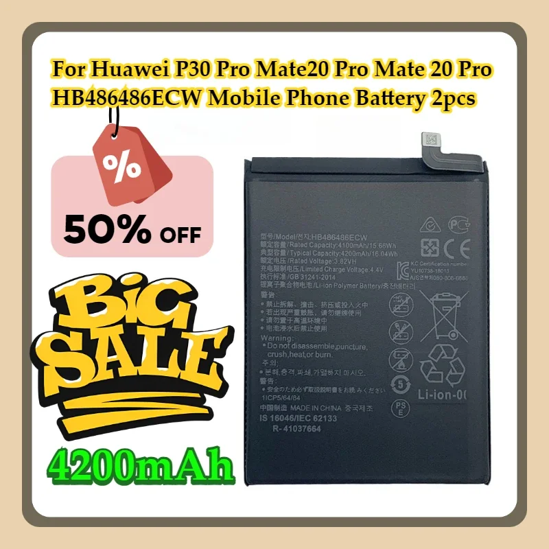 For Huawei P30 Pro Mate20 Pro Mate 20 Pro 4200mAh HB486486ECW Mobile Phone Battery 2pcs