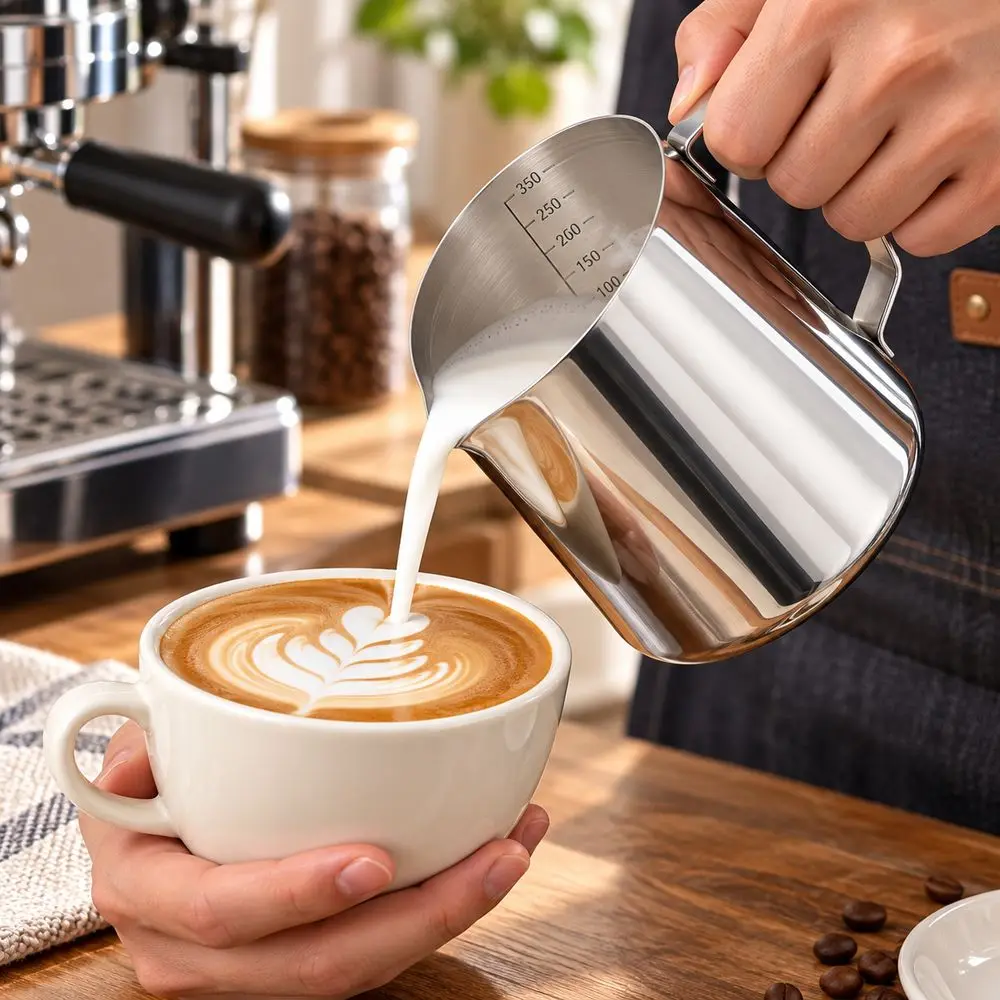 Stainless Steel Latte Art Cup Interior Scale Marking Pointed Spout Graduated Measuring Cup Large Capacity Silver Tone