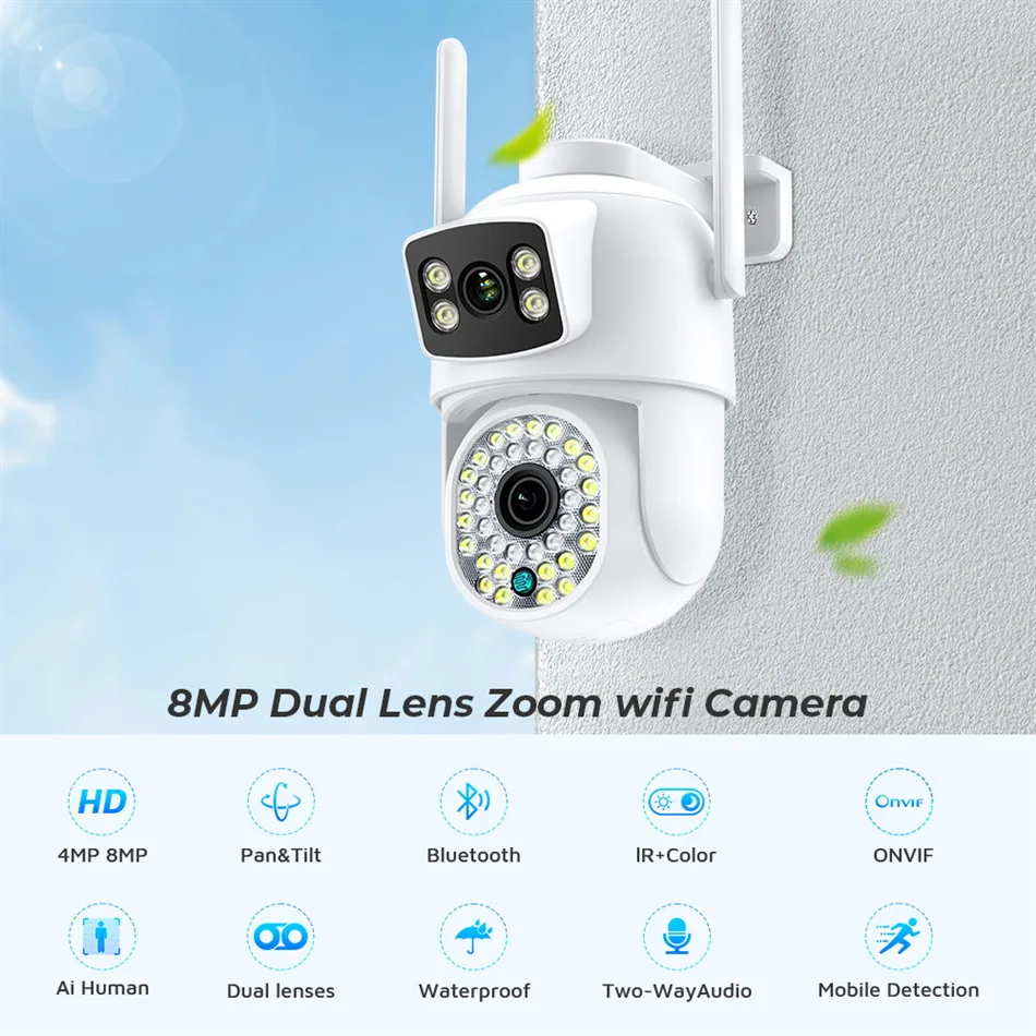 

6MP HD WiFi IP Camera Outdoor Dual Lens Screen PTZ Cam Auto Tracking Security Video Surveillance CCTV Icsee Smart Home Cameras