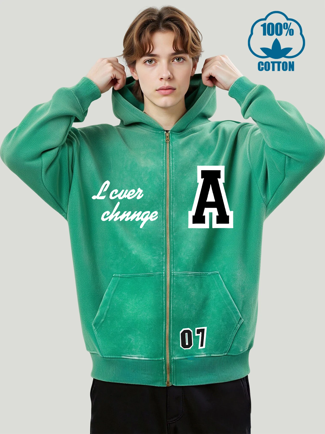 

Art Letter A And No.07 Print Mens Washed Zipper Hoodies Hip Hop Fashion Hoodie Casual Loose Hoody Unisex Cotton Retro Jacket