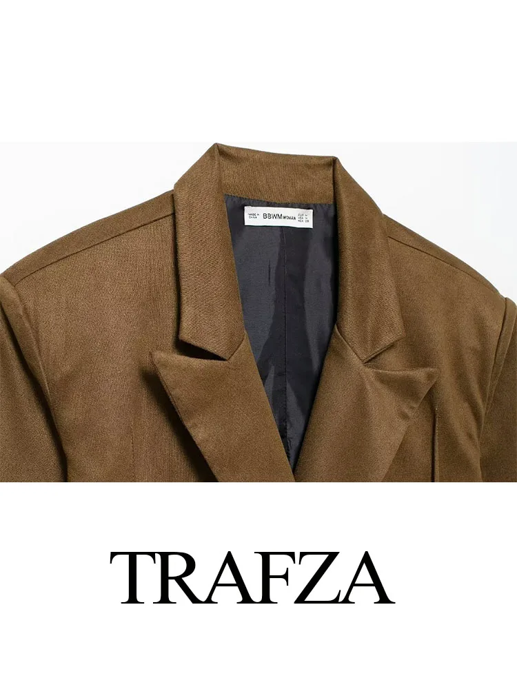 TRAFZA ผู้หญิงฤดูใบไม้ร่วงแฟชั่นหลวมเสื้อ Turn-Down COLLAR กระเป๋าตกแต่ง Double Breasted หญิง Casual Blazers Coat