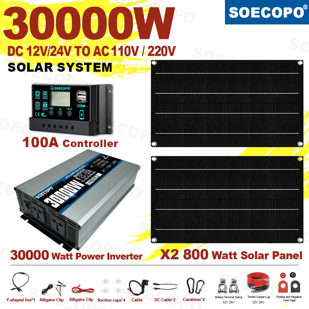 

SOECOPO 30000W Peak Solar System Kit 2x800W Panels 100A Controller Dual Voltage Inverter DC 12V 24V To AC 110V 220V for Home