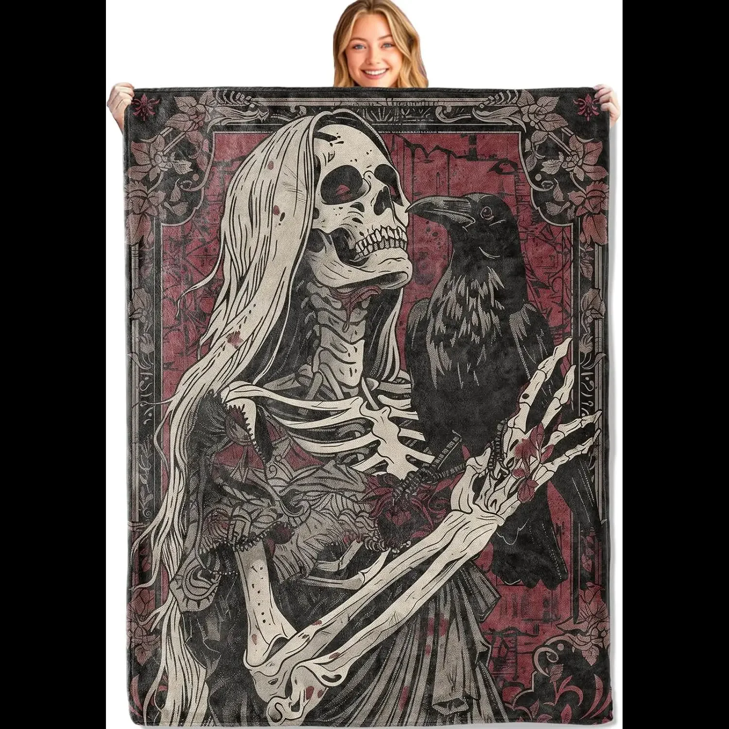 MIEPOS Gothic Skull Throw Blanket Soft Lightweight Flannel Skeleton  Raven Vintage Dark Design Perfect for Couch Office Travel H