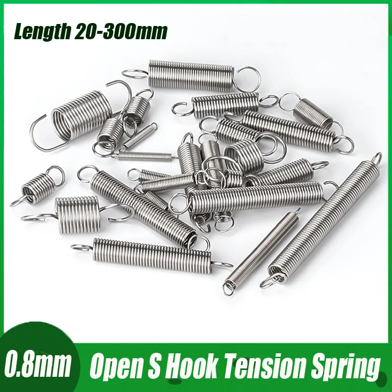 304 Stainless Steel Open S Hook Tension Spring 0.8 Cylindroid Helical Draught Extension Expansion Tensile Spring Length 20-300mm