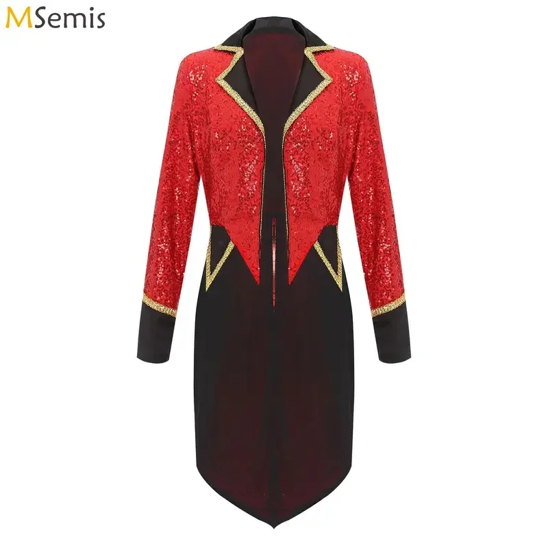 Women Sequin Tuxedo Jacket Sparkle Magician Tailcoat Blazer Outerwear Cosplay Party Halloween Dress Up Ringmaster Circus Cost&J1