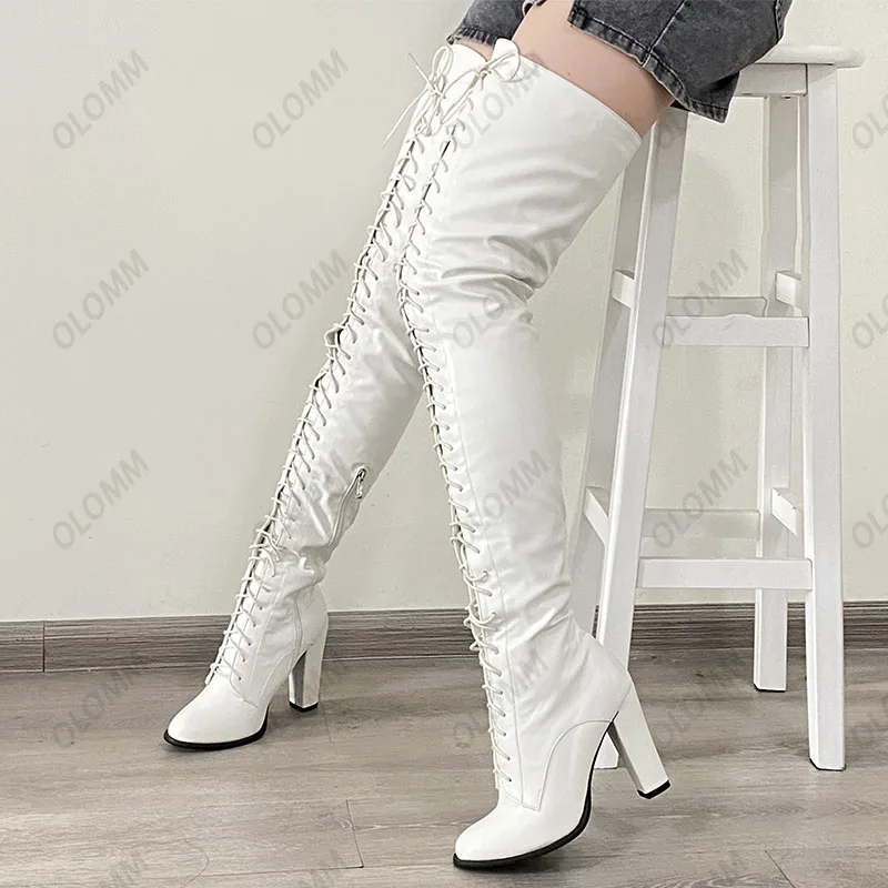 OLOMM 2022 Women Winter Thigh Boots Chunky Heels Side Zipper Boots Round Toe Gorgeous White Casual Shoes Ladies US Size 5-20
