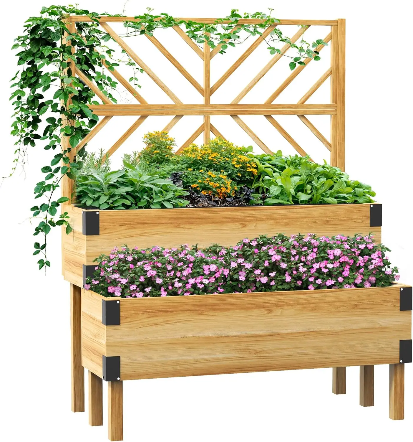 

Outsunny Raised Garden Bed with Trellis, 2 Tier Wooden Elevated Planter Box with Legs and Metal Corners for Vegetables, Flowers,