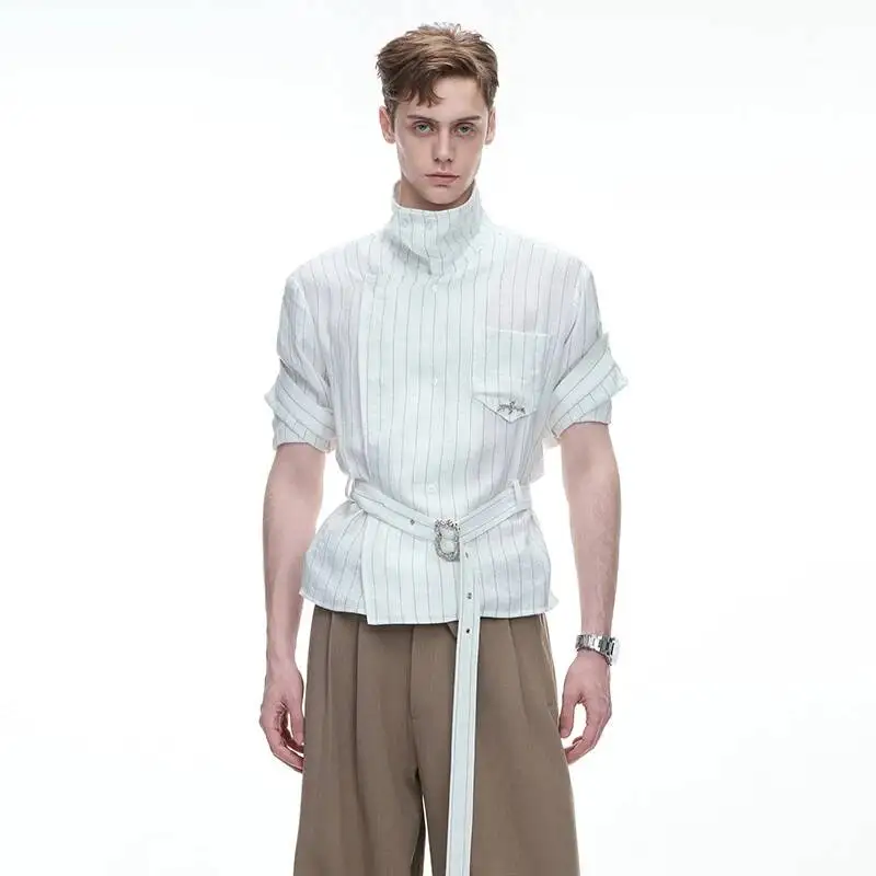 LUZHEN 2026 Summer Stripe Printed Stand Neck Belt Decorate Pockets Short Sleeve Shirts Men's Stylish Handsome Luxury Tops JY7455